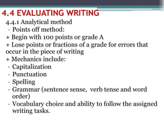 4.4.1 Analytical method
- Points off method:
+ Begin with 100 points or grade A
+ Lose points or fractions of a grade for errors that
occur in the piece of writing
+ Mechanics include:
- Capitalization
- Punctuation
- Spelling
- Grammar (sentence sense, verb tense and word
order)
- Vocabulary choice and ability to follow the assigned
writing tasks.
4.4 EVALUATING WRITING
 