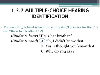 ▫ E.g. meaning behind intonation contrasts (“He is her brother.” ↘
and “He is her brother?” ↗)
(Students hear) “He is her brother.”
(Students read) A. Oh, I didn’t know that.
B. Yes, I thought you knew that.
C. Why do you ask?
1.2.2 MULTIPLE-CHOICE HEARING
IDENTIFICATION
 