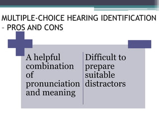 A helpful
combination
of
pronunciation
and meaning
Difficult to
prepare
suitable
distractors
MULTIPLE-CHOICE HEARING IDENTIFICATION
– PROS AND CONS
 