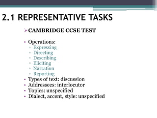CAMBRIDGE CCSE TEST
• Operations:
▫ Expressing
▫ Directing
▫ Describing
▫ Eliciting
▫ Narration
▫ Reporting
• Types of text: discussion
• Addressees: interlocutor
• Topics: unspecified
• Dialect, accent, style: unspecified
2.1 REPRESENTATIVE TASKS
 