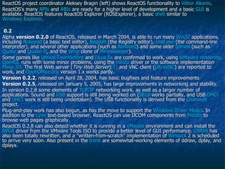 ReactOS project coordinator Aleksey Bragin (left) shows ReactOS functionality to  Viktor Alksnis . ReactOS's many  APIs  and  ABIs  are ready for a higher level of development and a basic  GUI  is available. ReactOS features ReactOS Explorer (ROSExplorer), a basic  shell  similar to  Windows Explorer . 0.2 Alpha  version 0.2.0  of ReactOS, released in March 2004, is able to run many  Win32  applications, including  Notepad  (a basic text editor),  Regedit  (the Registry editor),  cmd.exe  (the command-line interpreter), and several other applications (such as  AbiWord ) and some older  games  (such as  Quake  and  Quake II , and the  Wine  clone of  Minesweeper ). Some games like  Unreal Tournament  and  Deus Ex  are confirmed to work, using  software rendering .  OpenGL  runs with some minor problems, using the  nVidia  driver or the software implementation  Mesa 3D . The first Web server ( Tiny Web Server ) [1]  and VNC client ( UltraVNC ) are reported to work, and  OpenOffice.org  version 1.x works partly. Version 0.2.2 , released on April 28, 2004, has basic bugfixes and feature improvements Version 0.2.5 , released on January 5, 2005, has large improvements in networking and stability. In version 0.2.8 some elements of  TCP/IP  networking work, as well as a larger number of applications. Sound and  USB  support is still being worked on ( SB16  works partially, and USB  OHCI  and  UHCI  work is still being undertaken). The USB functionality is derived from the  Cromwell  project. Plug-and-play work has also begun, as has the move to support the  Windows Driver Model . In addition to the  Lynx  text-based browser, ReactOS can use DCOM components from  Mozilla  to browse web pages graphically. ReactOS 0.2.8 can also detect whether it is running in a  VMware  environment and can install the  SVGA  driver from the VMware Tools ISO to provide a better level of GUI performance.  CSRSS  has also been totally rewritten, and a "written-from-scratch" implementation of  Winsock  2 is scheduled to arrive very soon. Also present in the  trunk  are somewhat-working elements of ddraw, dplay, and dplayx. 