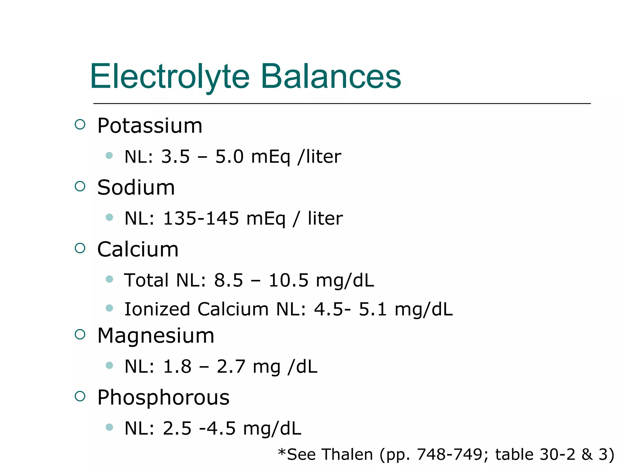 Electrolyte Balances Potassium  NL:  3.5 – 5.0 mEq /liter Sodium  NL: 135-145 mEq / liter Calcium  Total NL: 8.5 – 10.5 mg/dL Ionized Calcium NL: 4.5- 5.1 mg/dL Magnesium  NL: 1.8 – 2.7 mg /dL Phosphorous NL: 2.5 -4.5 mg/dL  *See Thalen (pp. 748-749; table 30-2 & 3) 