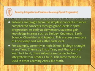 Subjects are taught from the simplest concepts to more 
complicated concepts through grade levels in spiral 
progression. As early as elementary, students gain 
knowledge in areas such as Biology, Geometry, Earth 
Science, Chemistry, and Algebra. This ensures a mastery 
of knowledge and skills after each level. 
For example, currently in High School, Biology is taught 
in 2nd Year, Chemistry in 3rd Year, and Physics in 4th 
Year. In K to 12, these subjects are connected and 
integrated from Grades 7 to 10. This same method is 
used in other Learning Areas like Math. 
 