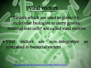 Viral vectors
“Viruses which are used as gizmo by
molecular biologists to carry genetic
material into cells” are called viral vectors.
 Viral vectors are non-integrative as
compared to bacterial vectors
http://www.ncbi.nlm.nih.gov/pmc/articles/PMC2613721/
 