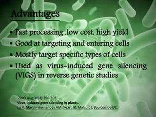 Advantages
 Fast processing ,low cost, high yield
 Good at targeting and entering cells
 Mostly target specific types of cells
 Used as virus-induced gene silencing
(VIGS) in reverse genetic studies
2003 Aug;30(4):296-303.
Virus-induced gene silencing in plants.
Lu R, Martin-Hernandez AM, Peart JR, Malcuit I, Baulcombe DC.
 