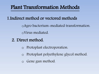 Plant Transformation Methods
1.Indirect method or vectored methods
oAgro bacterium-mediated transformation.
oVirus mediated.
2. Direct method.
o Protoplast electroporation.
o Protoplast polyethylene glycol method.
o Gene gun method.
 