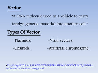 Vector
“A DNA molecule used as a vehicle to carry
foreign genetic material into another cell.”
Types Of Vector:
-Plasmids. -Viral vectors.
-Cosmids. -Artificial chromosome.
file:///G:/agri%20biotech/PLANT%20TRANSFORMATION%20VECTORS%20_%20What
%20Is%20The%20Biotechnology.html
 