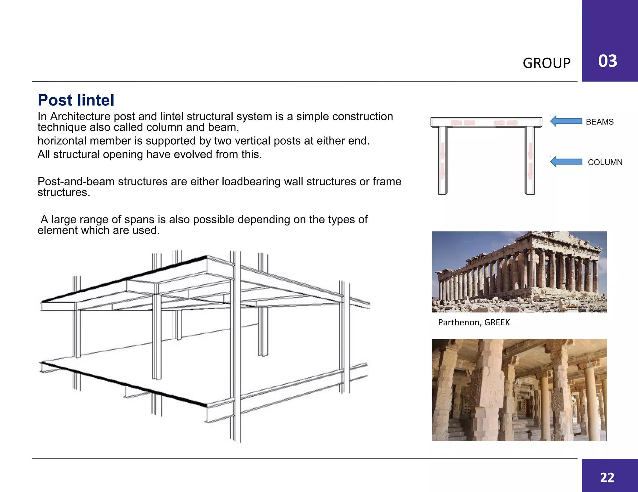 GROUP 03
Post lintel
In Architecture post and lintel structural system is a simple construction
technique also called column and beam,
horizontal member is supported by two vertical posts at either end.
All structural opening have evolved from this.
Post-and-beam structures are either loadbearing wall structures or frame
structures.
A large range of spans is also possible depending on the types of
element which are used.
Parthenon, GREEK
COLUMN
BEAMS
22
 