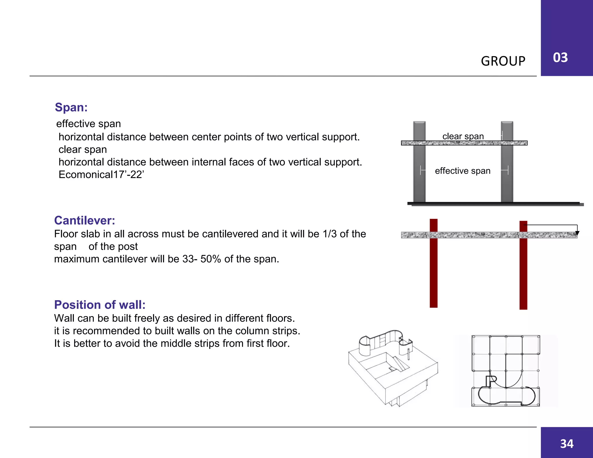 03GROUP
Span:
effective span
horizontal distance between center points of two vertical support.
clear span
horizontal distance between internal faces of two vertical support.
Ecomonical17’-22’ effective span
clear span
Cantilever:
Floor slab in all across must be cantilevered and it will be 1/3 of the
span of the post
maximum cantilever will be 33- 50% of the span.
Position of wall:
Wall can be built freely as desired in different floors.
it is recommended to built walls on the column strips.
It is better to avoid the middle strips from first floor.
34
 