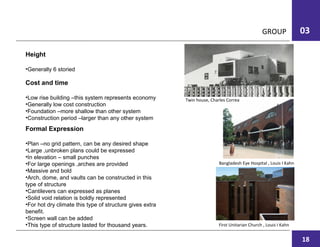 GROUP 03
Cost and time
•Low rise building –this system represents economy
•Generally low cost construction
•Foundation –more shallow than other system
•Construction period –larger than any other system
Formal Expression
•Plan –no grid pattern, can be any desired shape
•Large ,unbroken plans could be expressed
•In elevation – small punches
•For large openings ,arches are provided
•Massive and bold
•Arch, dome, and vaults can be constructed in this
type of structure
•Cantilevers can expressed as planes
•Solid void relation is boldly represented
•For hot dry climate this type of structure gives extra
benefit.
•Screen wall can be added
•This type of structure lasted for thousand years.
Height
•Generally 6 storied
Twin house, Charles Correa
Bangladesh Eye Hospital , Louis I Kahn
First Unitarian Church , Louis I Kahn
18
 