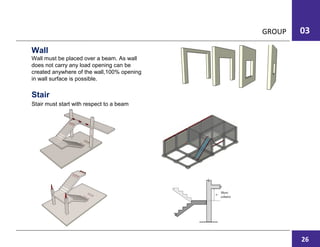 GROUP 03
Stair
Wall
Wall must be placed over a beam. As wall
does not carry any load opening can be
created anywhere of the wall,100% opening
in wall surface is possible.
Stair must start with respect to a beam
26
 