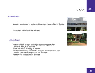 03GROUP
Massing constructed in post and slab system has an effect of floating
Continuous opening can be provided
Expression:
Advantage:
Ribbon window or large opening is a greater opportunity
Cantilever 33%_50% possible
Slabs can be cut as freely as needed
Position of enclosing wall can be changed in different floor plan
Different types of shading device can be used
Partition wall can be use as required
39
 