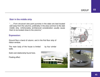 03GROUP
Stair in the middle strip
“.......From structural view point punches in the slabs are best located
well away from the columns, preferably in the area common to the slab
middle strip. Unfortunately architectural consideration usually cause
them to be located close to the columns.”
Ground floor a band of column, and in the first floor strip of
ribbon window.
The main body of the house is limited by four similar
walls.
Solid void relationship found here.
Floating effect
Expression:
45
 