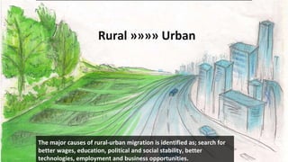 21/01/16
The major causes of rural-urban migration is identified as; search for
better wages, education, political and social stability, better
technologies, employment and business opportunities.
Rural »»»» Urban
 