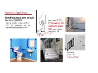 have a circular section of 1.2’’-
1.5’’ in diameter or an
equivalent gripping surface;
Same level
between 2’-
7.5”—3’-0’’
be slip-resistant
Handrails/grab bars
have a space 1.5’’-
2’’between the
wall and grab
bar where mounted
adjacent to a wall
Handrails/grab bars should
1.2’’-1.5’’
1.5’’-2’’
 