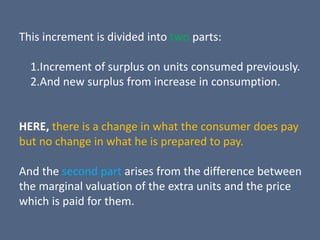 This increment is divided into two parts:
1.Increment of surplus on units consumed previously.
2.And new surplus from increase in consumption.
HERE, there is a change in what the consumer does pay
but no change in what he is prepared to pay.
And the second part arises from the difference between
the marginal valuation of the extra units and the price
which is paid for them.
 