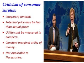 Criticism of consumer
surplus:
 Imaginary concept:
 Potential price may be less
than actual price:
 Utility cant be measured in
numbers:
 Constant marginal utility of
money:
 Not Applicable to
Necessaries:
 