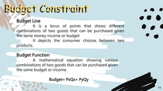 Budget Constraint
14
Budget Constraint
Budget Line
It is a locus of points that shows different
combinations of two goods ...