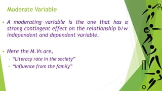 Moderate Variable
 A moderating variable is the one that has a
strong contingent effect on the relationship b/w
independent and dependent variable.
 Here the M.Vs are,
‐ “Literacy rate in the society”
‐ “Influence from the family”
12
 