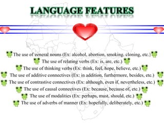 The use of general nouns (Ex: alcohol, abortion, smoking, cloning, etc.)
The use of relating verbs (Ex: is, are, etc.)
The use of thinking verbs (Ex: think, feel, hope, believe, etc.)
The use of additive connectives (Ex: in addition, furthermore, besides, etc.)
The use of contrastive connectives (Ex: although, even if, nevertheless, etc.)
The use of causal connectives (Ex: because, because of, etc.)
The use of modalities (Ex: perhaps, must, should, etc.)
The use of adverbs of manner (Ex: hopefully, deliberately, etc.)
LANGUAGE FEATURES
 