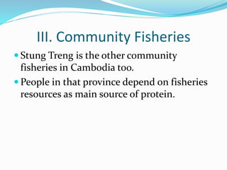III. Community Fisheries
 Stung Treng is the other community
fisheries in Cambodia too.
 People in that province depend on fisheries
resources as main source of protein.
 