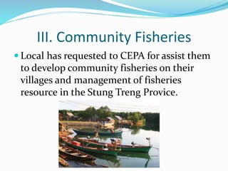 III. Community Fisheries
 Local has requested to CEPA for assist them
to develop community fisheries on their
villages and management of fisheries
resource in the Stung Treng Provice.
 