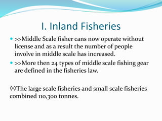 I. Inland Fisheries
 >>Middle Scale fisher cans now operate without
license and as a result the number of people
involve in middle scale has increased.
 >>More then 24 types of middle scale fishing gear
are defined in the fisheries law.
◊◊The large scale fisheries and small scale fisheries
combined 110,300 tonnes.
 