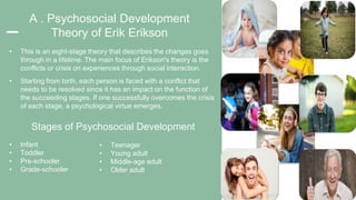 A . Psychosocial Development
Theory of Erik Erikson
• This is an eight-stage theory that describes the changes goes
through in a lifetime. The main focus of Erikson's theory is the
conflicts or crisis on experiences through social interaction.
• Starting from birth, each person is faced with a conflict that
needs to be resolved since it has an impact on the function of
the succeeding stages. If one successfully overcomes the crisis
of each stage, a psychological virtue emerges.
Stages of Psychosocial Development
• Infant
• Toddler
• Pre-schooler
• Grade-schooler
• Teenager
• Young adult
• Middle-age adult
• Older adult
 