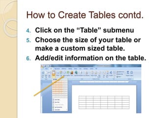 How to Create Tables contd.
4. Click on the “Table” submenu
5. Choose the size of your table or
make a custom sized table.
6. Add/edit information on the table.
 