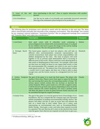   10	
  
5.	
   Level	
   of	
   fun	
   and	
  
interaction	
  
How	
   entertaining	
   is	
   the	
   toy?	
   	
   Does	
   it	
   require	
   interaction	
   with	
   another	
  
person?	
  
6.	
  Eco-­‐friendliness	
   Can	
  the	
  toy	
  be	
  made	
  of	
  eco-­‐friendly	
  and	
  sustainably	
  harvested	
  materials?	
  	
  
How	
  big	
  is	
  the	
  estimated	
  carbon	
  footprint	
  of	
  its	
  production?	
  
	
  
Ideation	
  
The	
   following	
   ideas	
   for	
   prototypes	
   were	
   selected	
   to	
   match	
   with	
   the	
   objectives	
   in	
   the	
   next	
   step.	
   The	
   ideas	
  
where	
  sourced	
  both	
  internally	
  and	
  externally	
  of	
  the	
  companies	
  environment.	
  “New	
  Knowledge”	
  was	
  created	
  
by	
  our	
  company’s	
  internal	
  employees.	
  “Innovation	
  Factories”	
  like	
  our	
  playground	
  meetings	
  were	
  conducted	
  
and	
  “Customer	
  Ideas”	
  were	
  taken	
  into	
  consideration.17	
  
Idea	
   Description	
   Champion	
  
1.	
  Card	
  Game	
   Each	
   pack	
   comes	
   with	
   8	
   collectible	
   cards	
   containing	
   a	
  
picture/diagram/icon	
  related	
  with	
  environmental	
  issues.	
  It	
  is	
  played	
  
by	
  two	
  children	
  who	
  have	
  to	
  guess	
  the	
  image	
  on	
  the	
  card	
  by	
  making	
  
yes/no	
  questions.	
  The	
  one	
  who	
  guesses	
  first	
  wins.	
  
Stefano	
  
2.	
   Strategic	
   Board	
  
Game	
  
This	
   board	
   game	
   requires	
   at	
   least	
   two	
   players,	
   who	
   will	
   take	
   on	
  
different	
   roles:	
   environmentalist,	
   corporate	
   representative,	
   and	
  
scientist	
   (researcher).	
   Each	
   player	
   has	
   certain	
   responsibilities	
   and	
  
abilities	
   designated	
   by	
   the	
   rules.	
   	
   The	
   team	
   of	
   players	
   will	
   work	
  
together	
   to	
   try	
   to	
   prevent	
   rapid	
   deforestation	
   that	
   is	
   occurring	
   in	
  
different	
  parts	
  of	
  the	
  world.	
  	
  Players	
  will	
  draw	
  cards	
  allowing	
  them	
  to	
  
take	
  action	
  or	
  detailing	
  good	
  or	
  bad	
  events.	
  	
  For	
  example,	
  cards	
  could	
  
say	
  that	
  trees	
  are	
  being	
  cut	
  down	
  in	
  one	
  region	
  (bad	
  event),	
  or	
  that	
  
the	
   environmentalist	
   (for	
   example)	
   can	
   travel	
   to	
   one	
   area	
   to	
   plant	
  
seeds	
  (good	
  event),	
  etc.	
  	
  The	
  players	
  lose	
  if	
  the	
  deforestation	
  reaches	
  
a	
   certain	
   level	
   in	
   each	
   region,	
   and	
   they	
   win	
   if	
   they're	
   able	
   to	
   plant	
  
enough	
  trees	
  and	
  the	
  forests	
  recover	
  to	
  a	
  designated	
  level	
  for	
  each	
  
region.	
  
Elizabeth	
  
3.	
   Carbon	
   Footprint	
  
board	
  game	
  
The	
   goal	
   of	
   the	
   game	
   is	
   to	
   reach	
   the	
   final	
   square.	
   The	
   player	
   who	
  
reaches	
  it	
  first	
  wins.	
  Players	
  move	
  from	
  space	
  to	
  space	
  by	
  throwing	
  
dice	
  and	
  moving	
  their	
  pawn	
  the	
  corresponding	
  number	
  of	
  steps.	
  The	
  
various	
   spaces	
   contain	
   actions	
   that	
   can	
   increase	
   or	
   decrease	
   the	
  
carbon	
  footprint.	
  When	
  a	
  pawn	
  lands	
  on	
  a	
  cell	
  with	
  a	
  negative	
  action,	
  
it	
  will	
  be	
  forced	
  to	
  go	
  back	
  some	
  spaces	
  (depending	
  on	
  how	
  much	
  the	
  
actions	
   influence	
   the	
   carbon	
   footprint);	
   vice	
   versa	
   a	
   positive	
   action	
  
will	
  allow	
  the	
  player	
  to	
  move	
  its	
  pawn	
  forward.	
  Pawns	
  and	
  dice	
  will	
  
be	
  assembled	
  through	
  the	
  origami	
  technique.	
  
Claudia	
  
4.	
  Family	
  Trivia	
   The	
  goal	
  of	
  the	
  game	
  is	
  to	
  test	
  the	
  general	
  level	
  of	
  knowledge	
  of	
  eco-­‐
friendliness.	
  The	
  toy	
  is	
  shaped	
  like	
  the	
  company	
  logo	
  and	
  represents	
  
infinite	
  possibilities	
  of	
  making	
  environmentally	
  friendly	
  choices.	
  The	
  
players	
   will	
   either	
   roll	
   dice	
   or	
   spin	
   an	
   arrow	
   that	
   will	
   advance	
   the	
  
user	
   on	
   a	
   board	
   that	
   is	
   color	
   coded.	
   There	
   are	
   4	
   colors,	
   each	
  
representing	
   an	
   environmental	
   area	
   such	
   as	
   Forestation/Water/	
  
Earth/	
  Energy.	
  	
  Users	
  gain	
  a	
  color	
  card	
  when	
  they	
  respond	
  correctly	
  
to	
  a	
  question.	
  The	
  user	
  that	
  has	
  all	
  4	
  colors	
  in	
  the	
  shortest	
  time	
  frame	
  
wins	
  the	
  game.	
  Users	
  that	
  do	
  not	
  respond	
  correctly	
  have	
  to	
  give	
  up	
  a	
  
Carine	
  
	
  	
  	
  	
  	
  	
  	
  	
  	
  	
  	
  	
  	
  	
  	
  	
  	
  	
  	
  	
  	
  	
  	
  	
  	
  	
  	
  	
  	
  	
  	
  	
  	
  	
  	
  	
  	
  	
  	
  	
  	
  	
  	
  	
  	
  	
  	
  	
  	
  	
  	
  	
  	
  	
  	
  	
  	
  	
  	
  	
  	
  	
  	
  	
  	
  	
  	
  	
  
17	
  O’Sullivan	
  &	
  Dooley,	
  2009,	
  pp.	
  139-­‐140.	
  
 