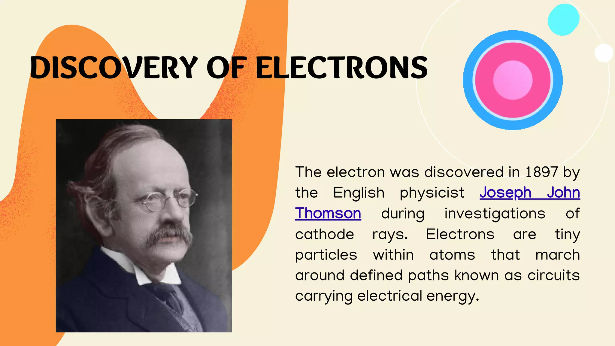 DISCOVERY OF ELECTRONS
The electron was discovered in 1897 by
the English physicist Joseph John
Thomson during investigations of
cathode rays. Electrons are tiny
particles within atoms that march
around defined paths known as circuits
carrying electrical energy.
 
