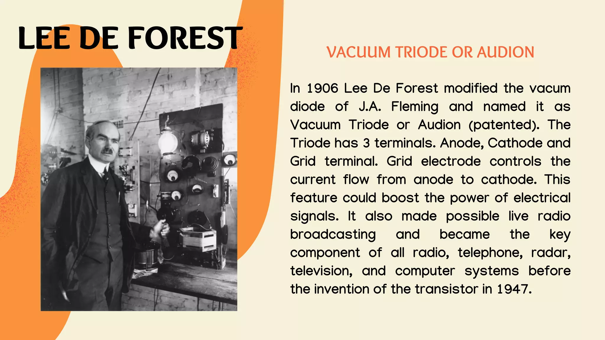 LEE DE FOREST
In 1906 Lee De Forest modified the vacum
diode of J.A. Fleming and named it as
Vacuum Triode or Audion (patented). The
Triode has 3 terminals. Anode, Cathode and
Grid terminal. Grid electrode controls the
current flow from anode to cathode. This
feature could boost the power of electrical
signals. It also made possible live radio
broadcasting and became the key
component of all radio, telephone, radar,
television, and computer systems before
the invention of the transistor in 1947.
VACUUM TRIODE OR AUDION
 