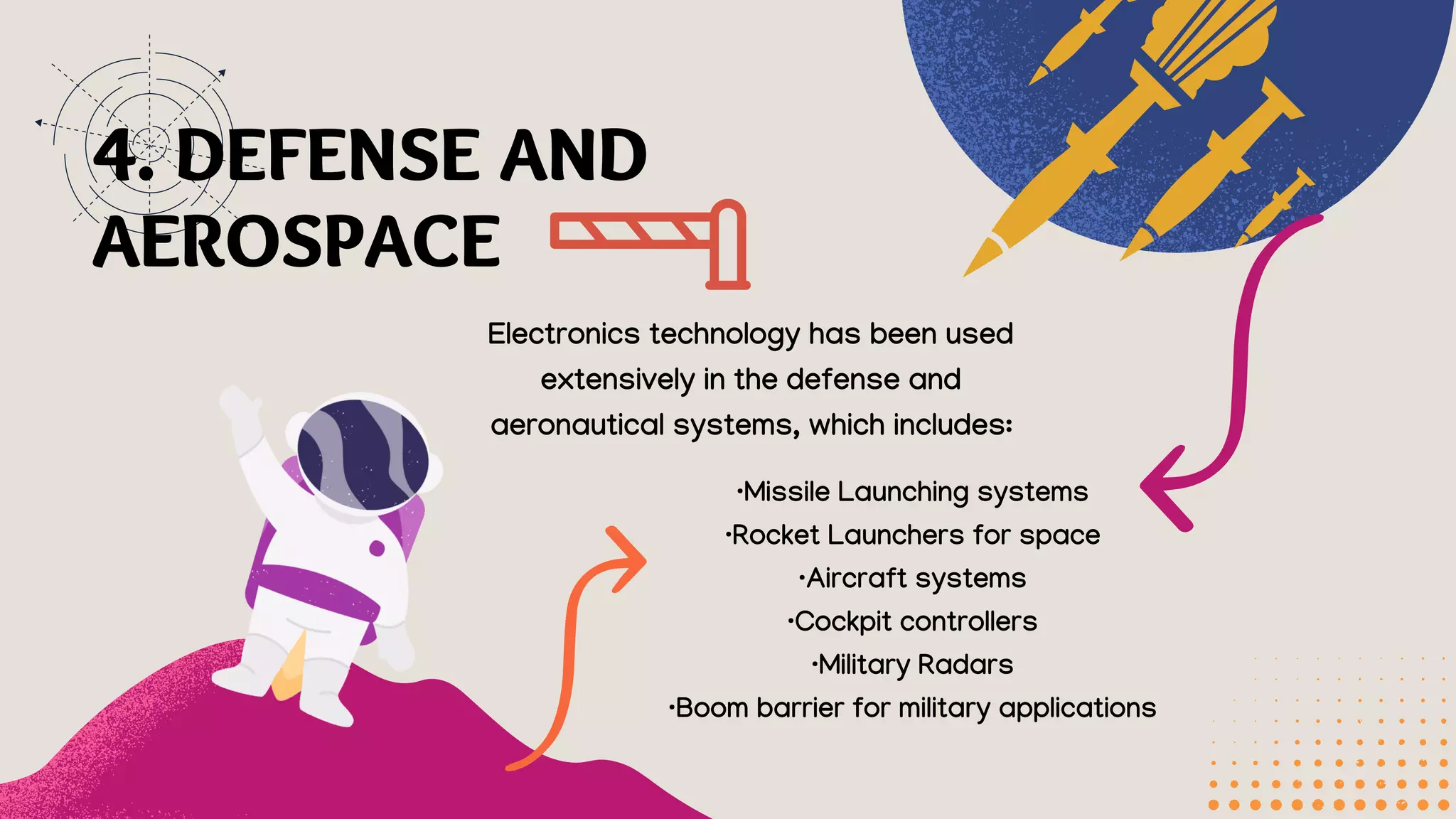 4. DEFENSE AND
AEROSPACE
Electronics technology has been used
extensively in the defense and
aeronautical systems, which includes:
·Missile Launching systems
·Rocket Launchers for space
·Aircraft systems
·Cockpit controllers
·Military Radars
·Boom barrier for military applications
 