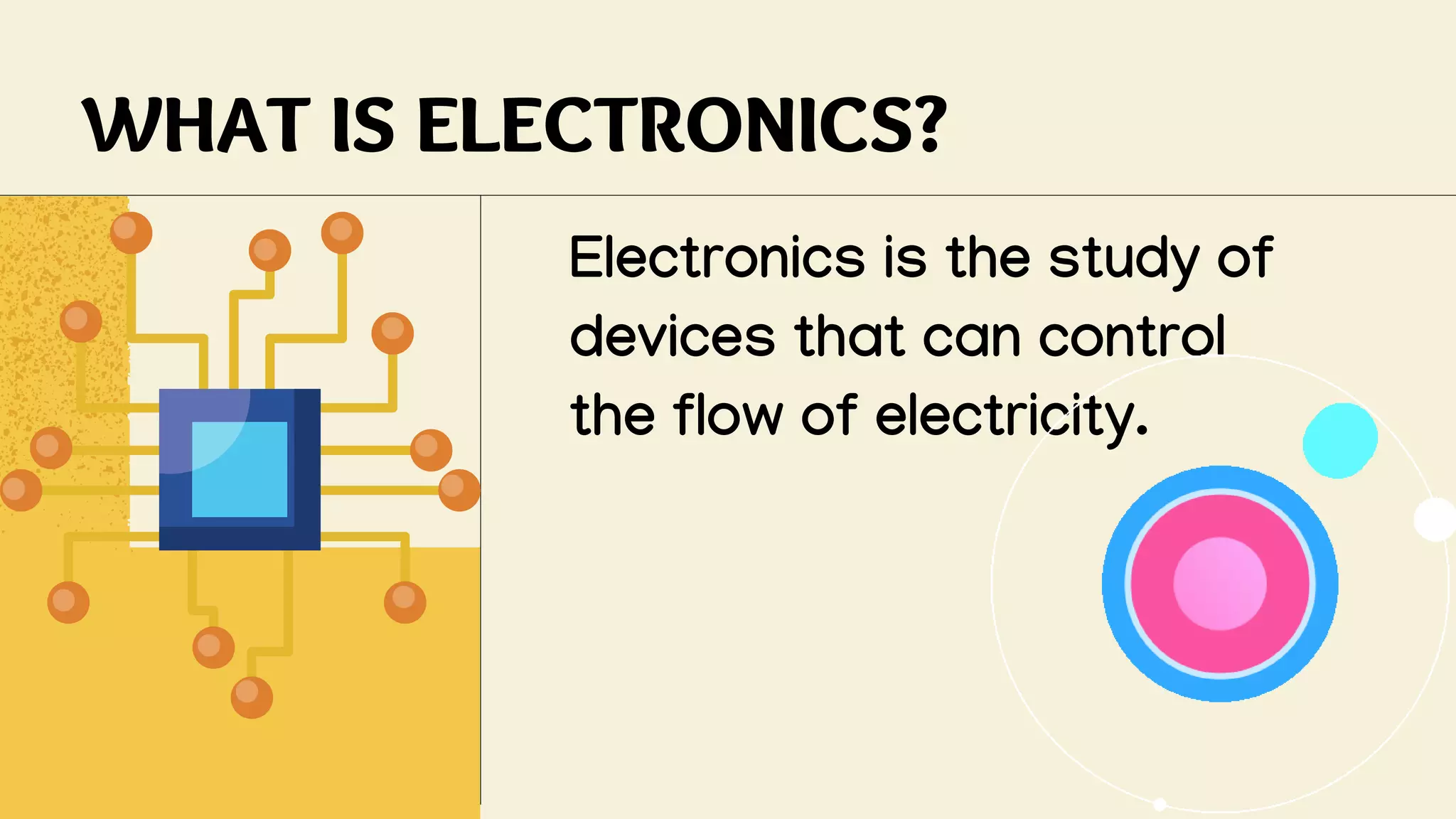 WHAT IS ELECTRONICS?
Electronics is the study of
devices that can control
the flow of electricity.
 