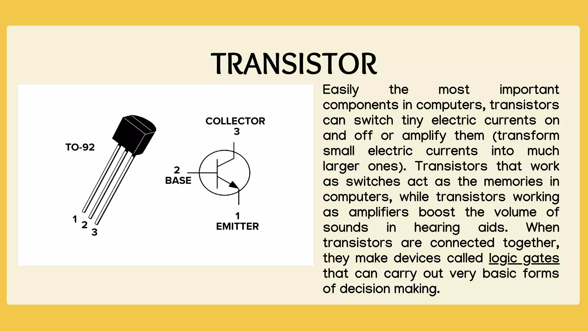 TRANSISTOR
Easily the most important
components in computers, transistors
can switch tiny electric currents on
and off or amplify them (transform
small electric currents into much
larger ones). Transistors that work
as switches act as the memories in
computers, while transistors working
as amplifiers boost the volume of
sounds in hearing aids. When
transistors are connected together,
they make devices called logic gates
that can carry out very basic forms
of decision making.
 