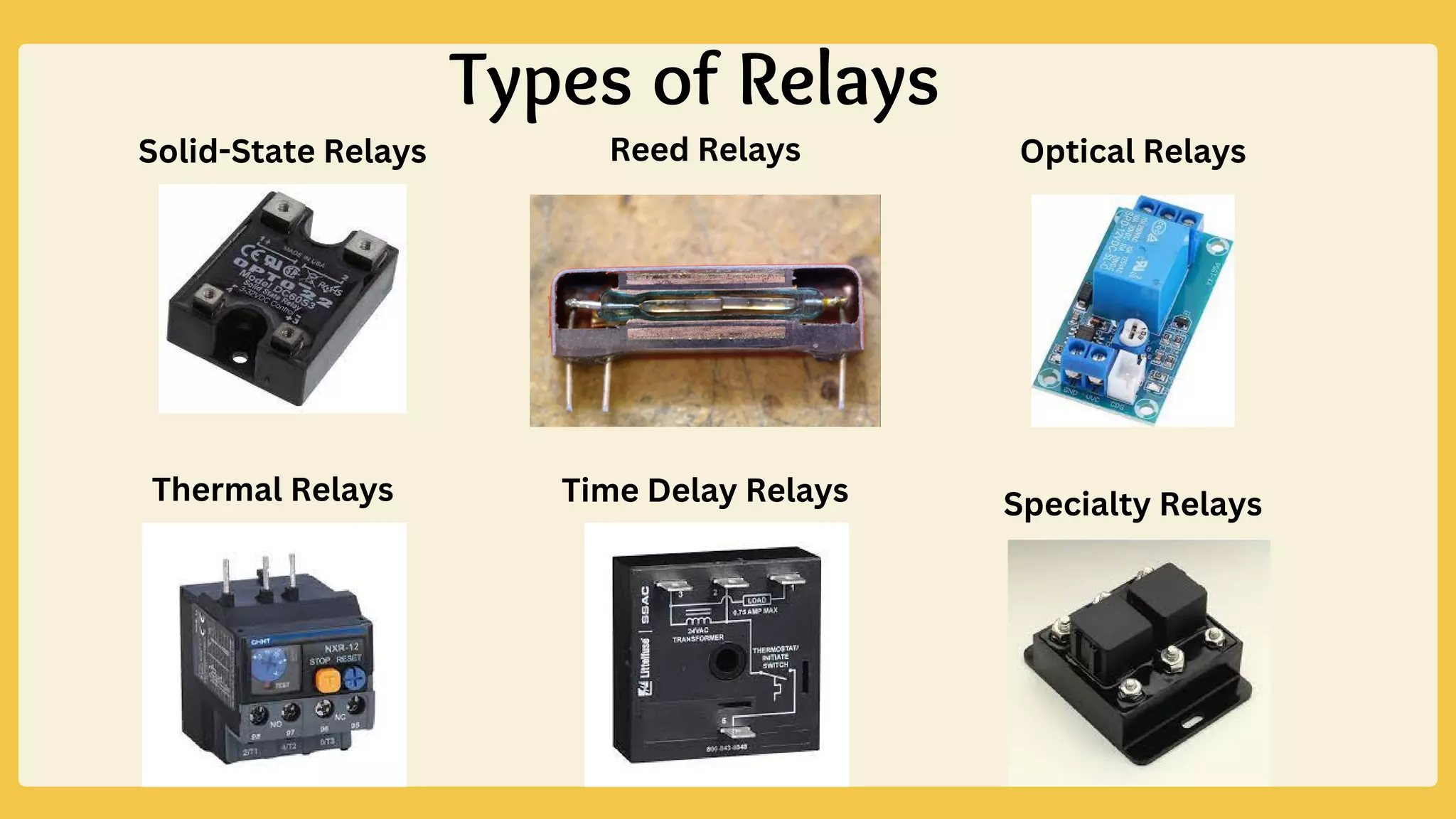 Solid-State Relays Reed Relays Optical Relays
Thermal Relays Time Delay Relays Specialty Relays
Types of Relays
 