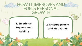 1. Emotional
Support and
Stability
2. Encouragement
and Motivation
HOW IT IMPROVES AND
FUELS PERSONAL
GROWTH
 