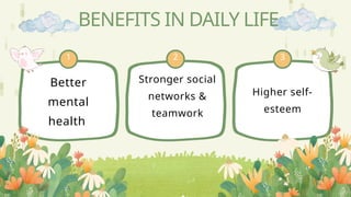 Better
mental
health
Stronger social
networks &
teamwork
Higher self-
esteem
BENEFITS IN DAILY LIFE
1 2 3
 