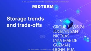 Storage trends
and trade-offs
DR. ROSEMARIE S. GUIRRE | FOR BPC USED ONLY
GROUP 3: BSIS 2A
JOCELYN SAN
NICOLAS
LYKA MAE DE
GUZMAN
LIONEL PUA
IS-ICT 223: INFORMATION AND COMMUNICATION TECHNOLOGY
MIDTERM
 