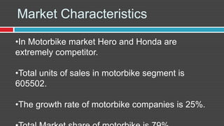 Market Characteristics

•In Motorbike market Hero and Honda are
extremely competitor.

•Total units of sales in motorbike segment is
605502.

•The growth rate of motorbike companies is 25%.
 