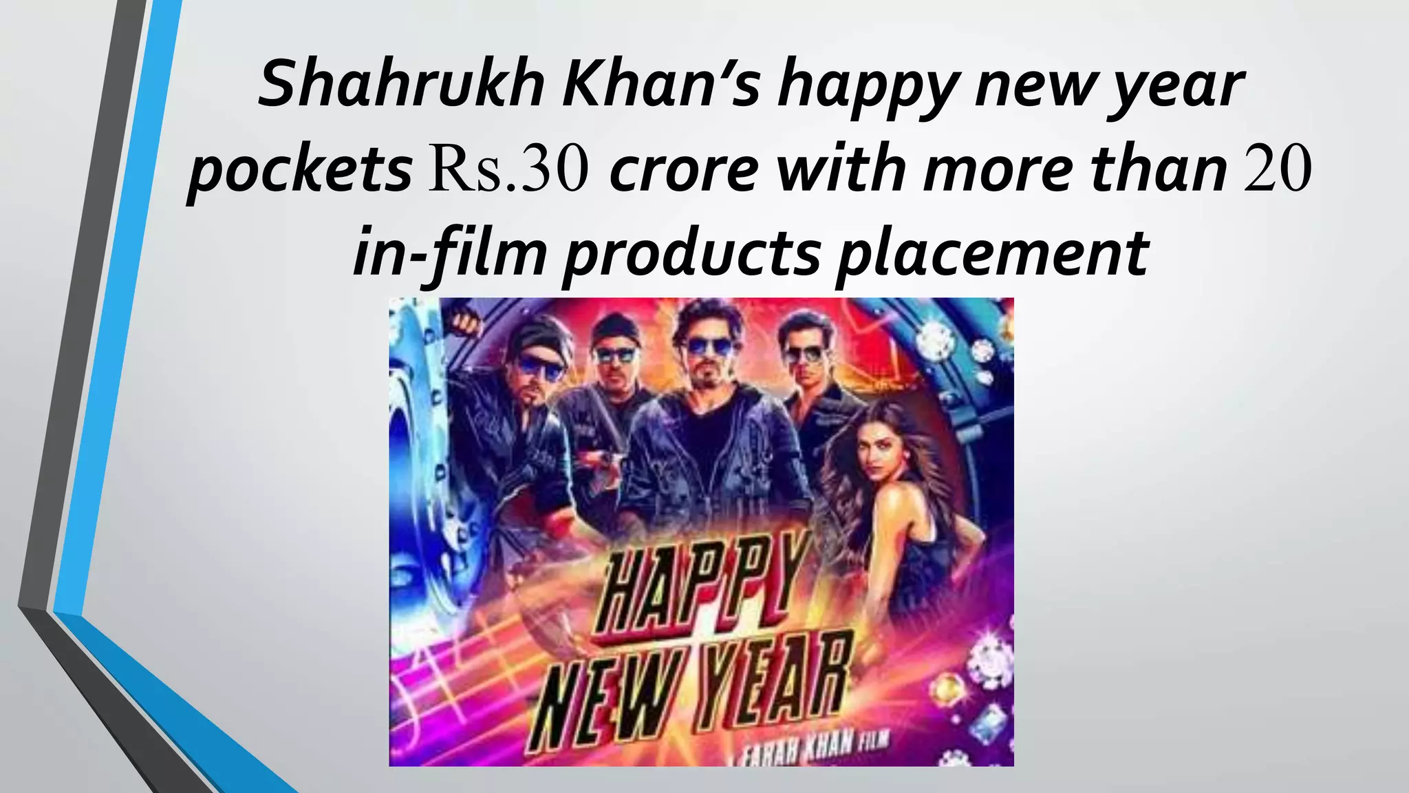 Shahrukh Khan’s happy new year
pockets Rs.30 crore with more than 20
in-film products placement
 