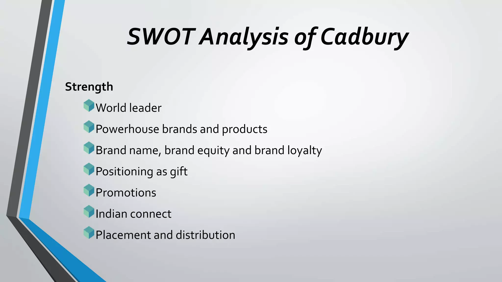 SWOT Analysis of Cadbury
Strength
World leader
Powerhouse brands and products
Brand name, brand equity and brand loyalty
Positioning as gift
Promotions
Indian connect
Placement and distribution
 
