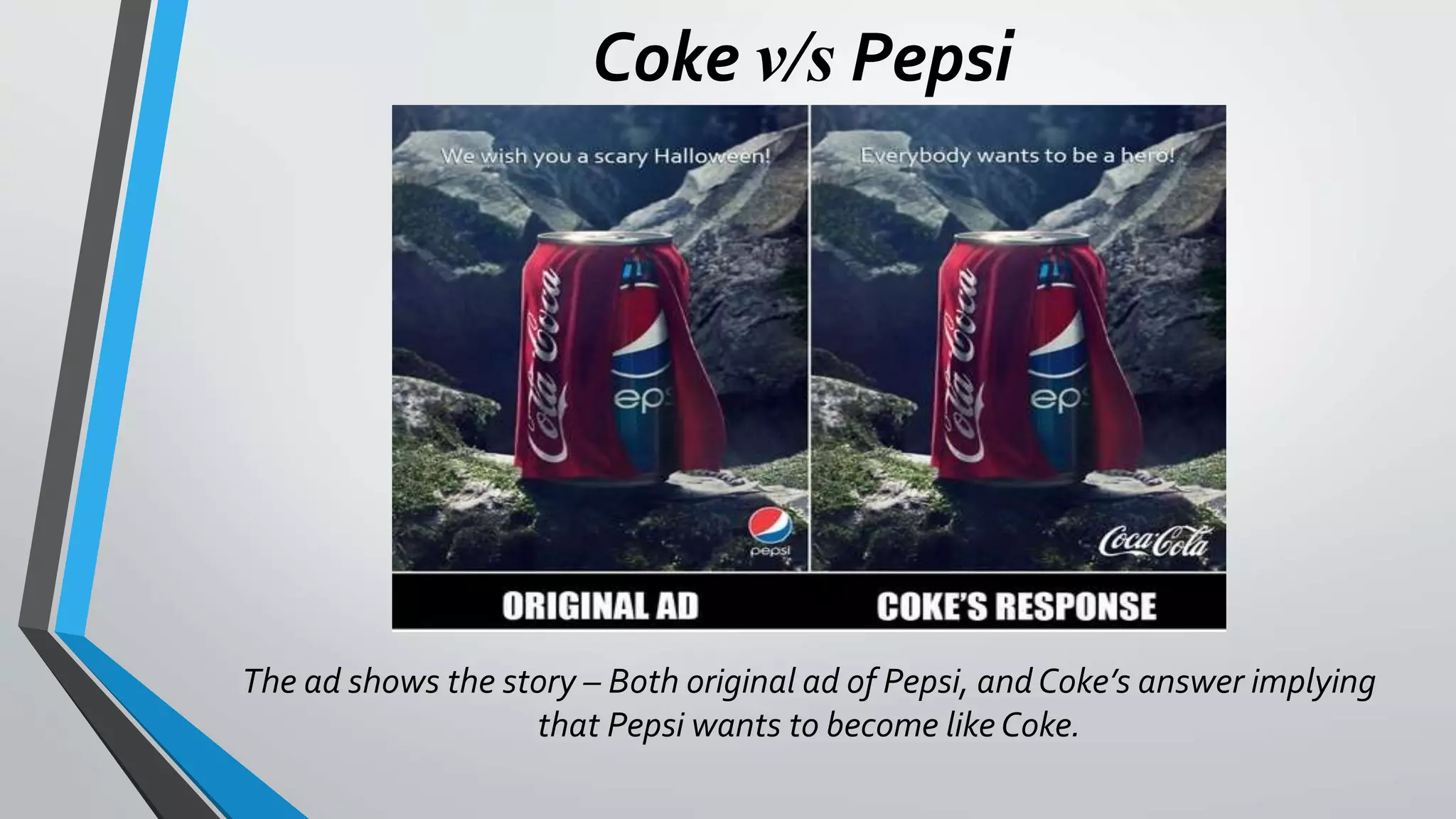 Coke v/s Pepsi
The ad shows the story – Both original ad of Pepsi, andCoke’s answer implying
that Pepsi wants to become like Coke.
 