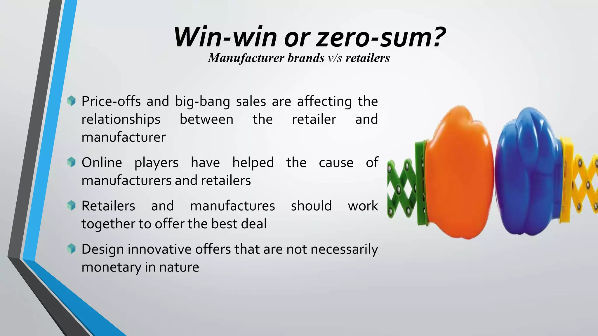Win-win or zero-sum?
Manufacturer brands v/s retailers
Price-offs and big-bang sales are affecting the
relationships between the retailer and
manufacturer
Online players have helped the cause of
manufacturers and retailers
Retailers and manufactures should work
together to offer the best deal
Design innovative offers that are not necessarily
monetary in nature
 