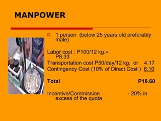   MANPOWER 1 person  (below 25 years old preferably male)  Labor cost : P100/12 kg.=  P8.33 Transportation cost P50/day/12 kg.  or  4.17 Contingency Cost (10% of Direct Cost )  6.10 Total  P18.60 Incentive/Commission  - 20% in excess of the quota  