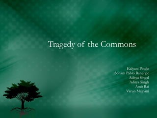Tragedy of the Commons

                      Kalyani Pingle
                Soham Pablo Banerjee
                       Aditya Singal
                        Aditya Singh
                            Amit Rai
                      Varun Malpani
 