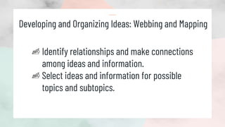 Developing and Organizing Ideas: Webbing and Mapping
Identify relationships and make connections
among ideas and information.
Select ideas and information for possible
topics and subtopics.
 