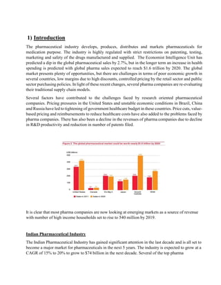 1) Introduction
The pharmaceutical industry develops, produces, distributes and markets pharmaceuticals for
medication purpose. The industry is highly regulated with strict restrictions on patenting, testing,
marketing and safety of the drugs manufactured and supplied. The Economist Intelligence Unit has
predicted a dip in the global pharmaceutical sales by 2.7%, but in the longer term an increase in health
spending is predicted with global pharma sales expected to reach $1.6 trillion by 2020. The global
market presents plenty of opportunities, but there are challenges in terms of poor economic growth in
several countries, low margins due to high discounts, controlled pricing by the retail sector and public
sector purchasing policies. In light of these recent changes, several pharma companies are re-evaluating
their traditional supply chain models.
Several factors have contributed to the challenges faced by research oriented pharmaceutical
companies. Pricing pressures in the United States and unstable economic conditions in Brazil, China
and Russia have led to tightening of government healthcare budget in these countries. Price cuts, value-
based pricing and reimbursements to reduce healthcare costs have also added to the problems faced by
pharma companies. There has also been a decline in the revenues of pharma companies due to decline
in R&D productivity and reduction in number of patents filed.
It is clear that most pharma companies are now looking at emerging markets as a source of revenue
with number of high income households set to rise to 540 million by 2019.
Indian Pharmaceutical Industry
The Indian Pharmaceutical Industry has gained significant attention in the last decade and is all set to
become a major market for pharmaceuticals in the next 5 years. The industry is expected to grow at a
CAGR of 15% to 20% to grow to $74 billion in the next decade. Several of the top pharma
 