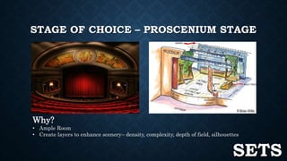 STAGE OF CHOICE – PROSCENIUM STAGE 
Why? 
• Ample Room 
• Create layers to enhance scenery– density, complexity, depth of field, silhouettes 
SETS 
 