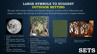 LARGE SYMBOLS TO SUGGEST 
OUTDOOR SETTING 
The play will contain realistic and abstract elements, so there will be silhouettes and 
shapes to suggest the settings as well as some detailed backgrounds to suggest location. 
• Furthest away on stage for 
depth 
• When present with a bit of 
dark lighting: suggests night 
time 
• When absent in combination 
of good lighting: suggests day 
time 
• Abstract - Simple shape 
(circle) creates silhouette/line 
• Center stage 
• Focus in between 2 trees 
• Suggests outdoor setting for 
the scenes that take place in 
the woods 
• Will be on WHEELS to roll in 
and out for easy transitional 
movement 
• Creates texture & color 
Green Burlap will be 
spread on the floor to 
signify grass/ground-foliage 
Trees to further indicate an 
outdoorsy setting 
SETS 
 